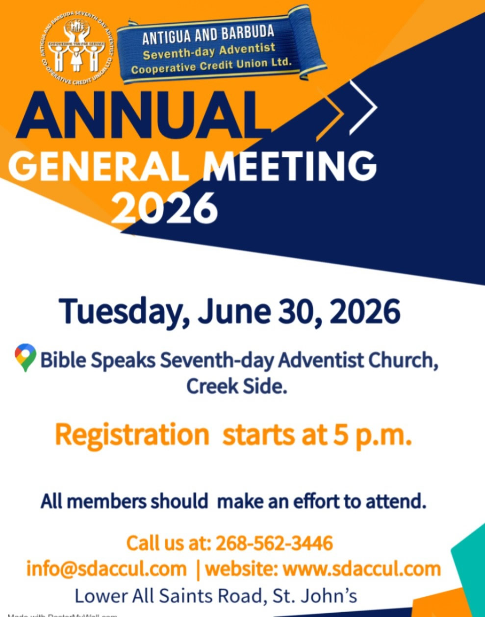 Poster for the 2026 Annual General Meeting of the Antigua and Barbuda Seventh-day Adventist Cooperative Credit Union; date Tue, June 30, 2026, at Bible Speaks Seventh-day Adventist Church, Creek Side; registration starts at 5 p.m.